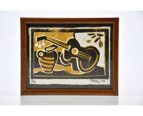 † GEOFFREY KEY (born 1941); signed limited edition print, still life with guitar, signed, dated 19, numbered 5/60, 13.5 x 17c