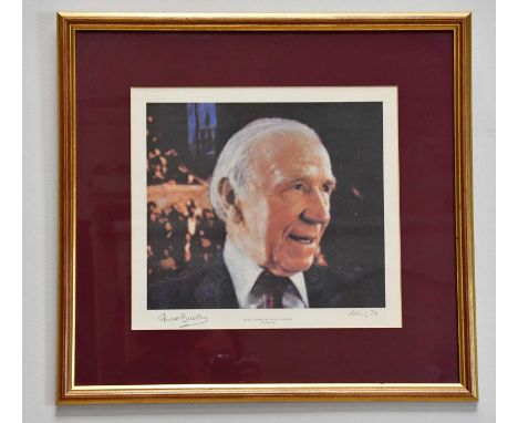 HAROLD FRANCIS RILEY DL DLITT FRCS DFA ATC (1934-2023); pencil signed print, 'Sir Matt Busby CBE at Old Trafford', further si
