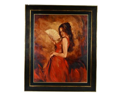 † MARK SPAIN (born 1962); a limited edition print on canvas, girl with a fan, numbered 148/150, 73 x 57cm, framed.