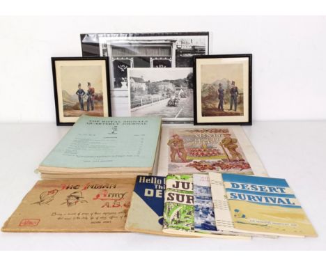 A metal lined travelling trunk, a metal trunk, assorted pictures, prints, booklets and other items (qty) 