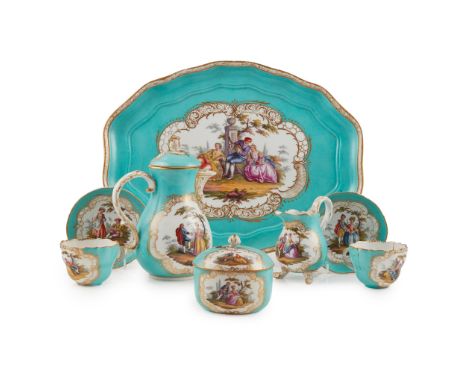 MEISSEN STYLE CABARET SET LATE 19TH CENTURY comprising two cups and saucers, a sugar basin and cover, a coffee pot and cover,