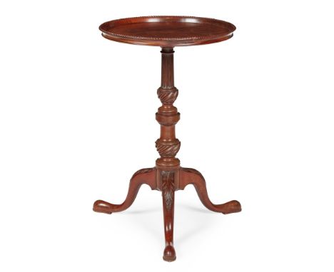 IRISH GEORGE III MAHOGANY TRIPOD TEA TABLE 18TH CENTURY, LATER ALTERED the turning circular tray top with a rope-twist edge, 