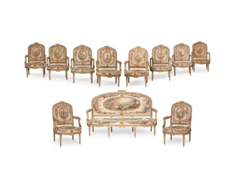 FINE ELEVEN-PIECE SUITE OF LOUIS XVI PAINTED AND PARCEL-GILT AUBUSSON COVERED SEAT FURNITURE CIRCA comprising a canape and te