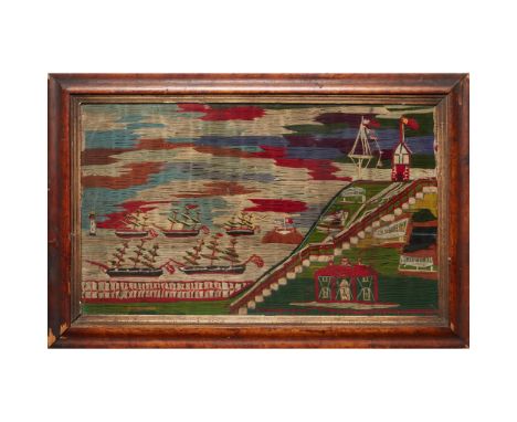 SAILOR'S WOOLWORK PICTURE 19TH CENTURY depicting five rigged ships by a port, in a mahogany frame(32.5cm x 55cm)