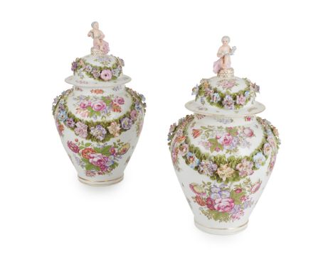 LARGE PAIR OF FRENCH PORCELAIN COVERED VASES, MARX EUGEN CLAUSS 19TH CENTURY the domed covers surmounted by seated putti, on 