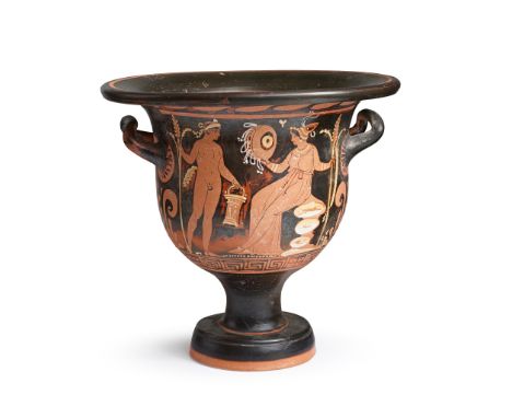 ANCIENT GREEK APULIAN RED FIGURE BELL KRATER SOUTH ITALY, 400-300 BCE with added white details, the front showing a youth and