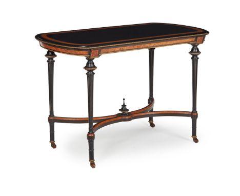 VICTORIAN EBONISED, AMBOYNA, AND BRASS MOUNTED CENTRE TABLE 19TH CENTURY the rounded rectangular top with a gilt metal mounte