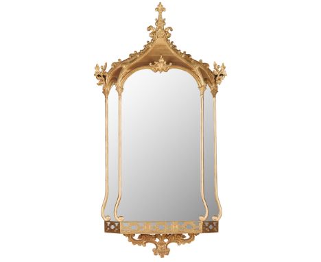 PAIR OF GEORGIAN STYLE GILTWOOD MIRRORED HANGING SHELVES 20TH CENTURY in the Chippendale 'Gothick' style, the ogee arched top