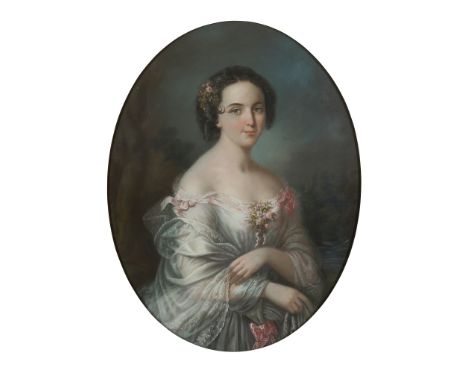 19TH CENTURY CONTINENTAL SCHOOL HALF LENGTH PORTRAIT OF A YOUNG LADY Pastel on paper laid down on canvas, oval(86cm x 66cm (3