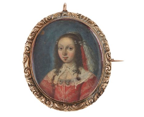 17TH CENTURY FLEMISH SCHOOL, PORTRAIT MINIATURE A YOUNG LADY IN A RED DRESS oval, oil on copper, the sitter wearing a dress e