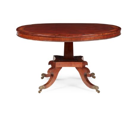 Y REGENCY MAHOGANY , ROSEWOOD, AND BRASS INLAID BREAKFAST TABLE EARLY 19TH CENTURY the banded tilt top with brass line inlay,