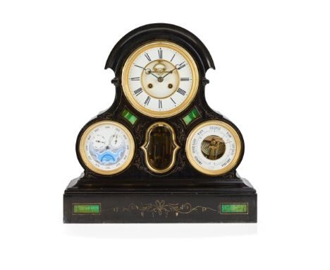 LARGE FRENCH SLATE AND MALACHITE PERPETUAL CALENDAR MANTEL CLOCK WITH BAROMETER 19TH CENTURY with a two piece dial with Roman