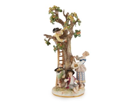 MEISSEN FIGURE GROUP OF APPLE PICKERS LATE 19TH CENTURY after the model by J.J. Kaendler, modelled as a boy on a ladder picki
