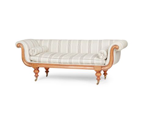 WILLIAM IV MAHOGANY SOFA EARLY 19TH CENTURY the low back and high scrolled arms over a loose cushion seat with bolsters, rais