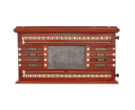 Y EDWARDIAN MAHOGANY SNOOKER/BILLIARDS SCORE MARKER, COX &amp; YEMAN, LONDON EARLY 20TH CENTURY with a slate board, painted b