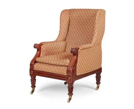 WILLIAM IV MAHOGANY WING ARMCHAIR EARLY 19TH CENTURY the squared back above a loose cushion seat flanked by enclosed arms wit