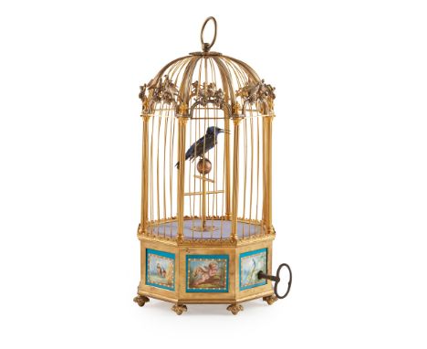 FRENCH PORCELAIN MOUNTED GILT AND SILVERED BRASS BIRDCAGE AND SINGING BIRD AUTOMATON, BONTEMS, the bird pivoting on its perch