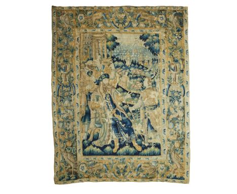 FLEMISH BIBLICAL TAPESTRY, THE DEPARTURE OF THE PRODIGAL SON LATE 17TH CENTURY in wool and silk, to the foreground a young ma
