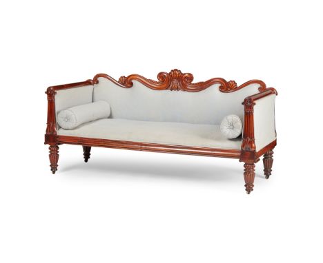 Y GEORGE IV ROSEWOOD SOFA EARLY 19TH CENTURY with a scroll and shell carved frame with high arms with lotus and reeded column