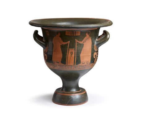 ANCIENT GREEK APULIAN RED FIGURE BELL KRATER SOUTH ITALY, CIRCA 400-300 BCE with added white, the front showing young Dionyso