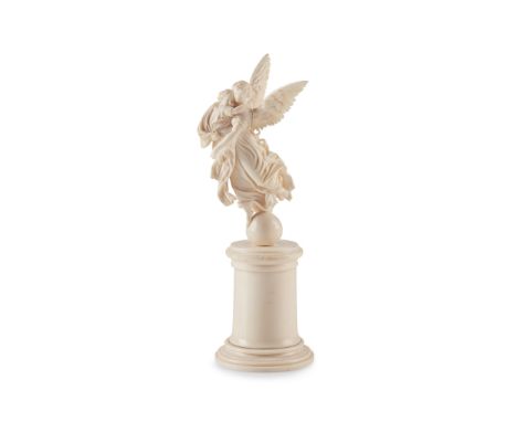 FRENCH IVORY FIGURE, 19TH CENTURYcarved as an angel holding an infant, raised on a cylindrical column base21cm high