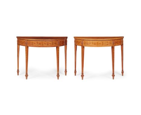 ◆ PAIR OF GEORGE III SATINWOOD AND MARQUETRY DEMILUNE CONSOLE TABLES, ATTRIBUTED TO THOMAS the semi-elliptical tops inlaid wi