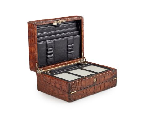 VICTORIAN CROCODILE SKIN AND MOROCCAN LEATHER LAP DESK 19TH CENTURY opening to a black leather fitted interior with stationer