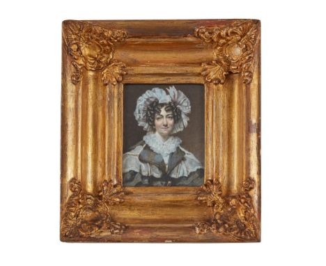 ENGLISH SCHOOL, MINIATURE PORTRAIT OF A LADY SECOND QUARTER, 19TH CENTURY gouache and bodycolour on card, the sitter with dar
