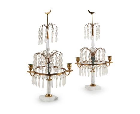 PAIR OF BALTIC STYLE BRASS, MARBLE AND CRYSTAL CANDELABRA 20TH CENTURY each with a central spike and figural stem surmounted 