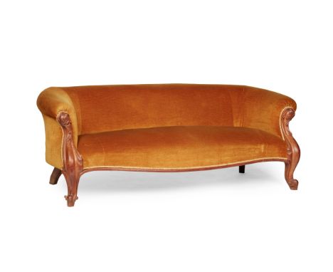 EARLY VICTORIAN WALNUT SOFA MID 19TH CENTURY the low back and scroll arms above a padded seat, the arm facings carved with fo