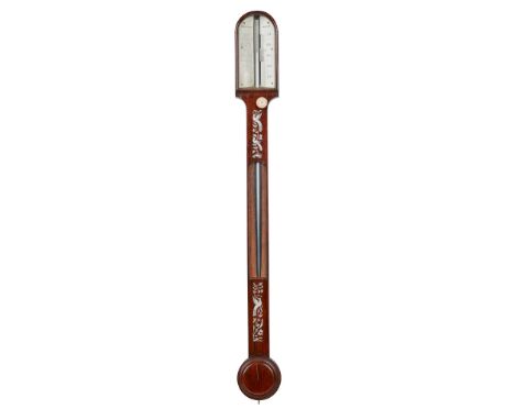 Y WILLIAM IV ROSEWOOD AND MOTHER-OF-PEARL STICK BAROMETER EARLY 19TH CENTURY with arched ivory gauge plates and ivory knob, t