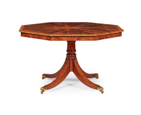 REGENCY STYLE MAHOGANY OCTAGONAL CENTRE TABLE LATE 19TH CENTURY the crossbanded top with sectional veneers on a ring-turned a