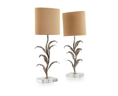 PAIR OF PORTA ROMANA SILVERED METAL 'FLORENTINE' LAMP BASES MODERN with waved leafy stems raised on acrylic bases, with oval 