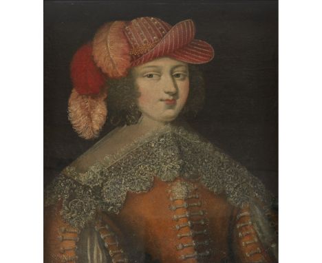 17TH CENTURY BRITISH SCHOOL PORTRAIT OF A YOUNG MAN WITH LACE COLLAR AND ORNAMENTAL HEADWARE Oil on canvas(50cm x 43cm (19.5i