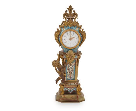 FRENCH CHAMPLEVÉ ENAMEL MANTEL CLOCK, RETAILED BY D. CRICHTON, EDINBURGH LATE 19TH CENTURY in the form a longcase clock, the 