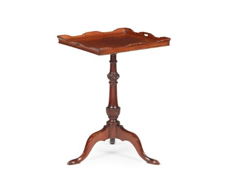 GEORGE III MAHOGANY TRAY TOP WINE TABLE, POSSIBLY IRISH 18TH CENTURY the rectangular trap top with a shaped edge, on a tapere