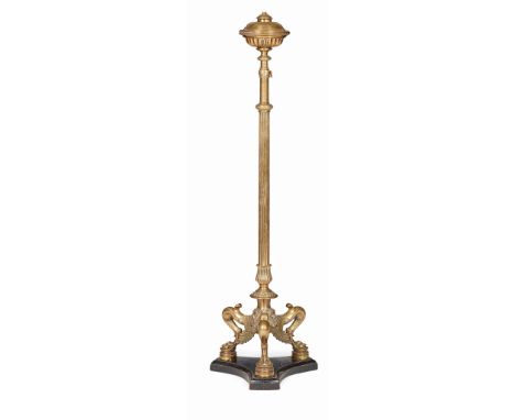 BRASS TELESCOPIC STANDARD LAMP, HART, SON, PEARD &amp; CO. 19TH CENTURY in the Greek Revival style,&nbsp;on a tripartite blac