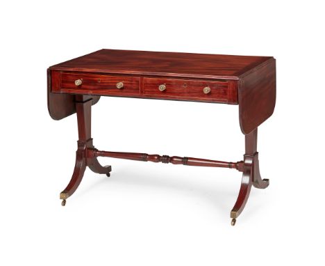 REGENCY MAHOGANY AND INLAID SOFA TABLE EARLY 19TH CENTURY the rounded rectangular top with drop leaf ends outlined with bandi