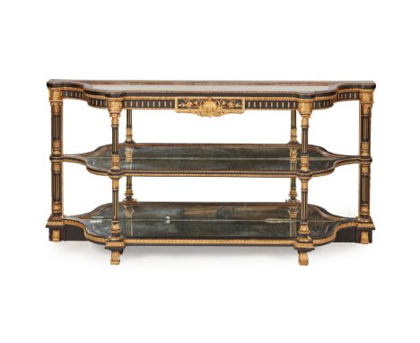 EARLY VICTORIAN EBONISED AND PARCEL GILT MIRRORED CREDENZA, CHARLES NOSOTTI, LONDON MID 19TH the shaped mirrored top above tw