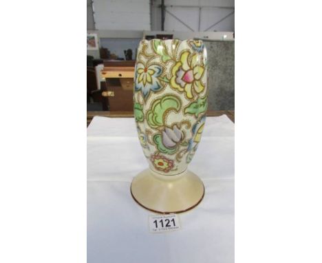 A Tuscan Decord pottery 9" vase on a yellow/cream foot with floral style decoration (art nouveau?) D458/885, small chip to un