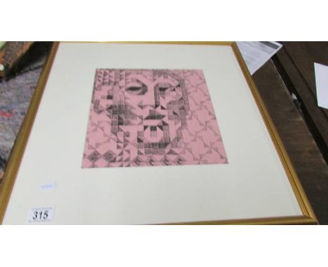  Pamela Guille A.R.C.A. Pen &amp; ink cubist portrait on woven strips of  wove paper signed and dated 1967