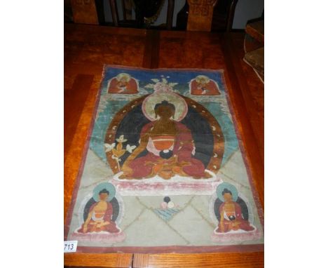 An antique oriental painted panel on linen, 51 x 72 cm.