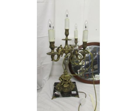 A fabulous gilt table lamp with 4 lights on a marble base (base has crack).