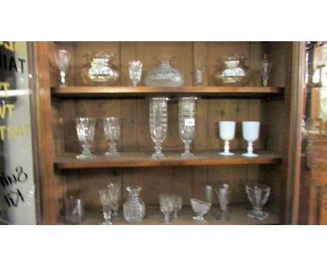 A mixed lot of glass ware including 18/19th century ale and wine glasses, oil lamp shades, pair of early 19th century celery 