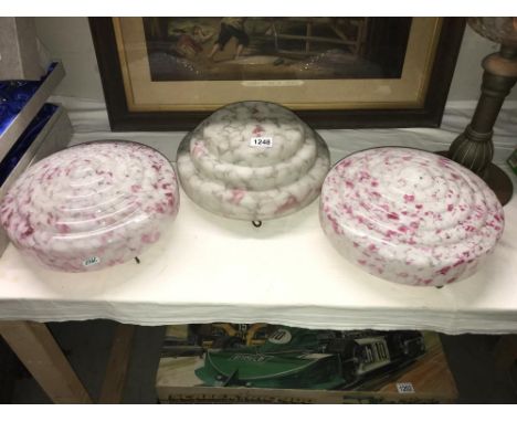 A pair of 1930's glass fly catcher lamp shades and one other (no chains).