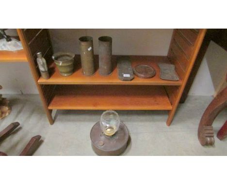 A mixed lot of brass ware including shell cases, Indian brass, Cribbage board etc.,