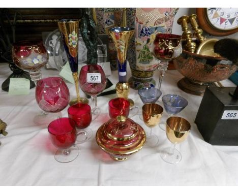 14 pieces of coloured glass, some with enamel decoration.