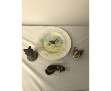 A Royal Dux figure of a german shepherd together with 2 stirrup cups &amp; Crown Devon german shepherd plate