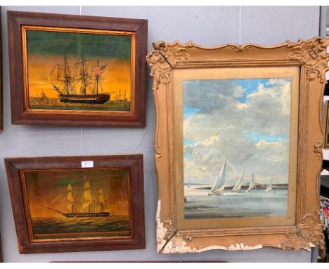 Two reverse printed maritime studies on glass, together with a boating lithograph after Rowland Hilder, the largest 50 x 39 c