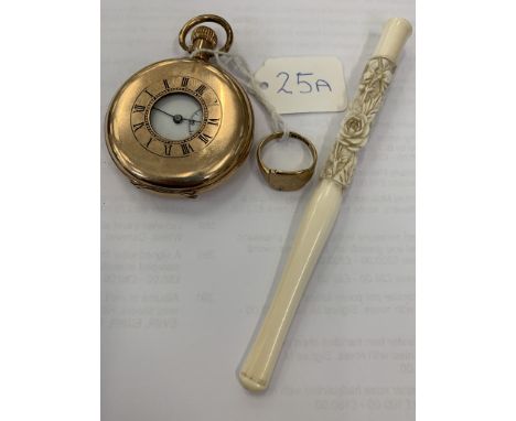 A 9ct gold signet ring together with a gold plated half hunter poecket watch &amp; A 1920s ivory cigarette holder